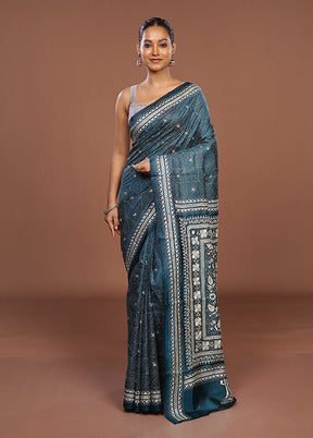 Green Handloom Kantha Stitch Pure Silk Saree With Blouse Piece