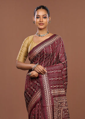 Maroon Handloom Kantha Stitch Pure Silk Saree With Blouse Piece