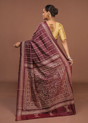 Maroon Handloom Kantha Stitch Pure Silk Saree With Blouse Piece
