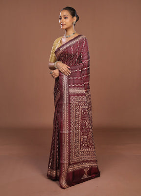 Maroon Handloom Kantha Stitch Pure Silk Saree With Blouse Piece