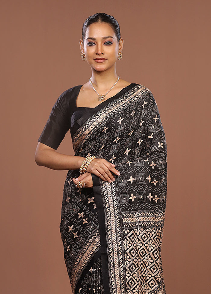 Black Handloom Kantha Stitch Pure Silk Saree With Blouse Piece