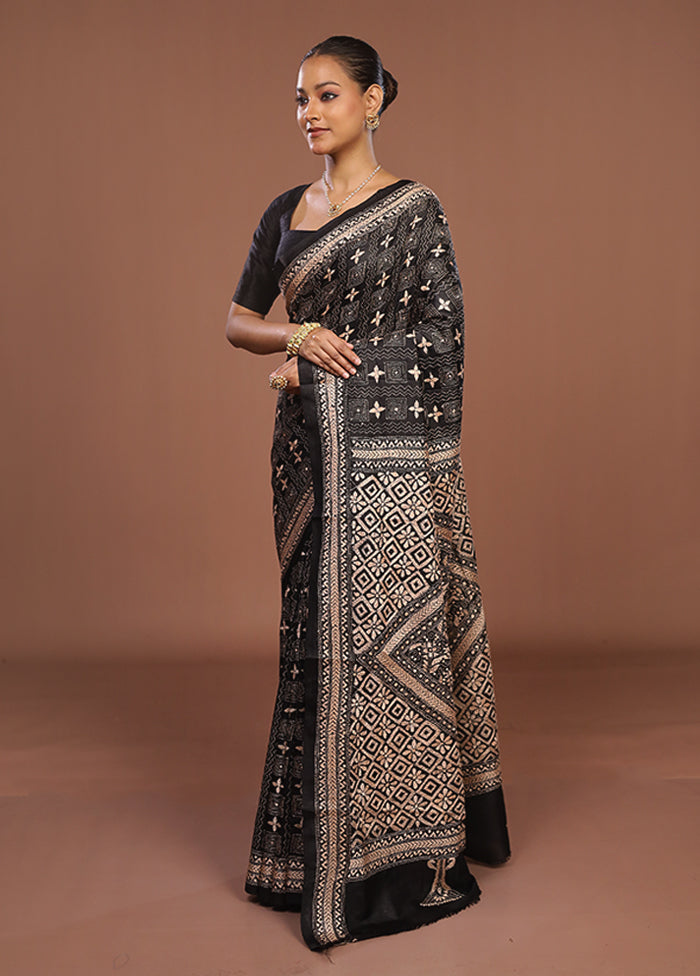 Black Handloom Kantha Stitch Pure Silk Saree With Blouse Piece