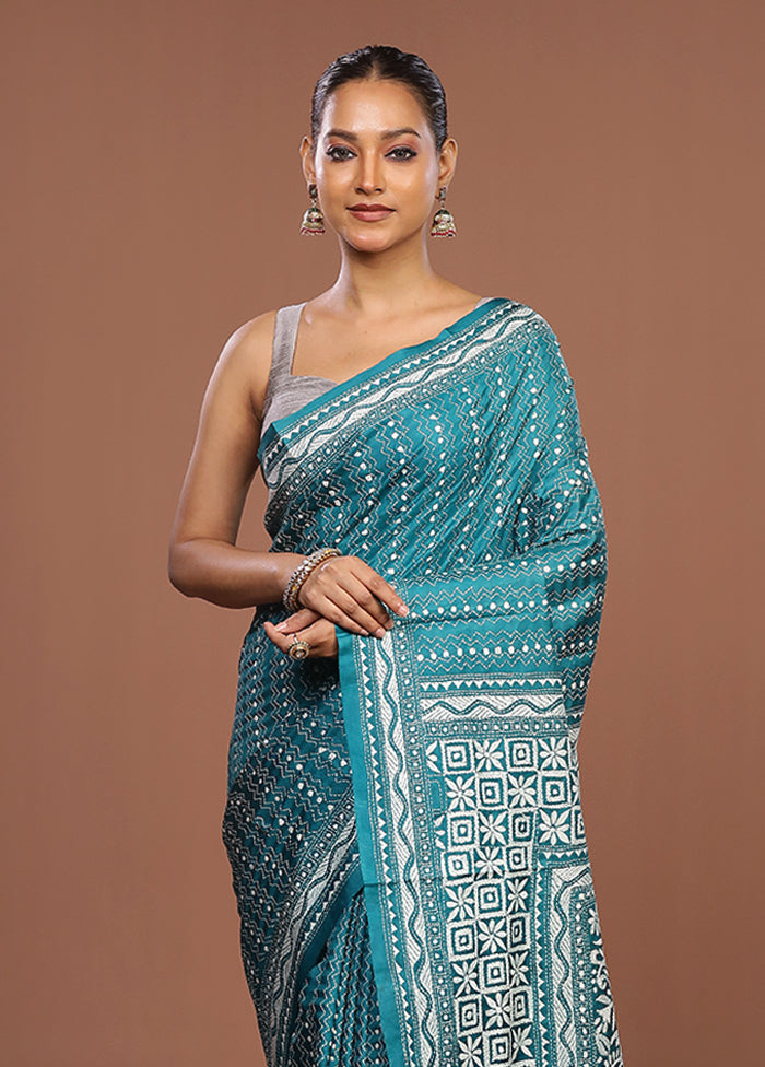 Green Handloom Kantha Stitch Pure Silk Saree With Blouse Piece