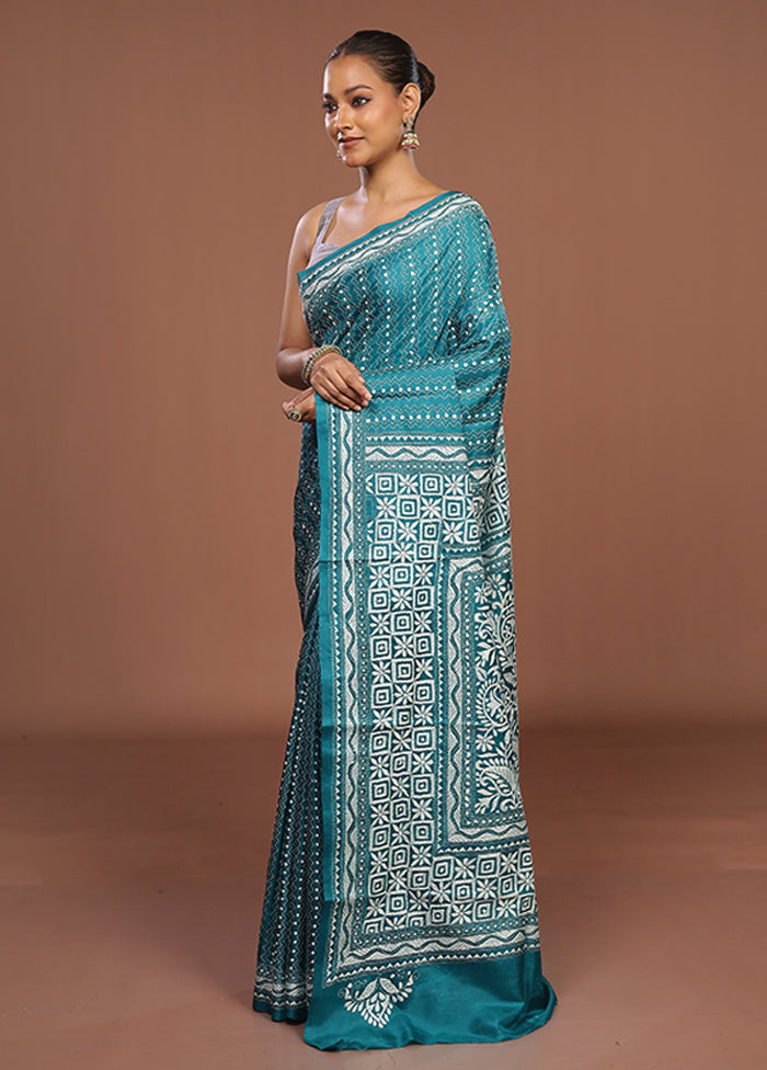 Green Handloom Kantha Stitch Pure Silk Saree With Blouse Piece