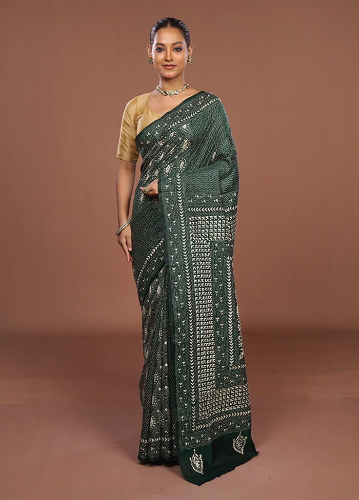 Green Handloom Kantha Stitch Pure Silk Saree With Blouse Piece