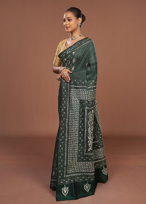 Green Handloom Kantha Stitch Pure Silk Saree With Blouse Piece