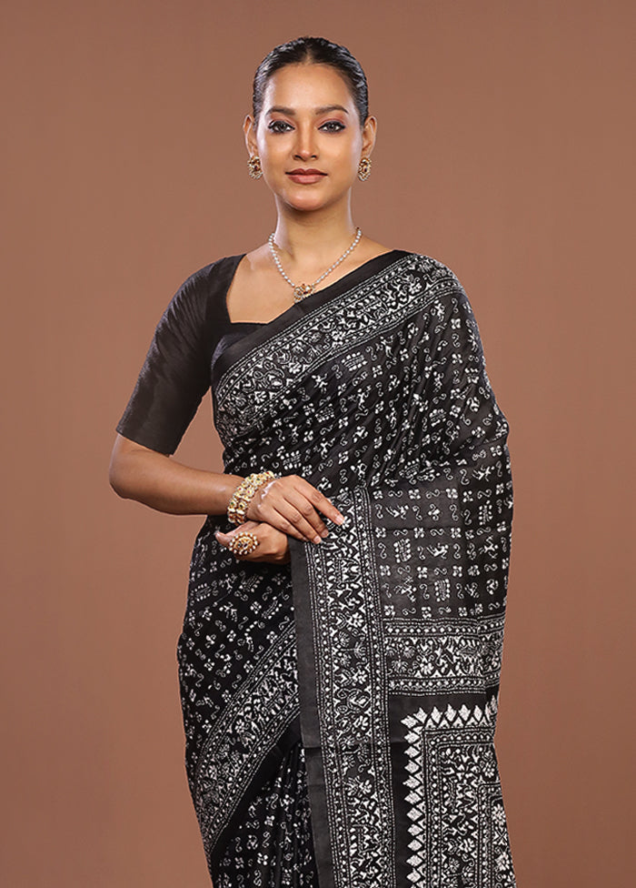Black Handloom Kantha Stitch Pure Silk Saree With Blouse Piece