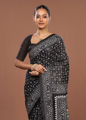 Black Handloom Kantha Stitch Pure Silk Saree With Blouse Piece