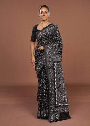 Black Handloom Kantha Stitch Pure Silk Saree With Blouse Piece