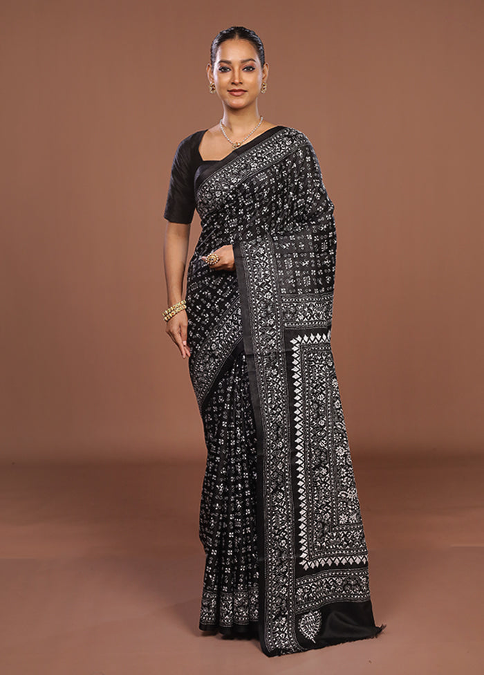 Black Handloom Kantha Stitch Pure Silk Saree With Blouse Piece
