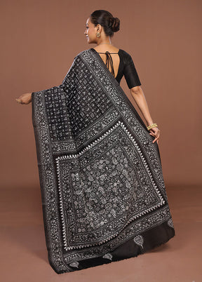 Black Handloom Kantha Stitch Pure Silk Saree With Blouse Piece