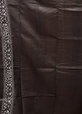Black Handloom Kantha Stitch Pure Silk Saree With Blouse Piece