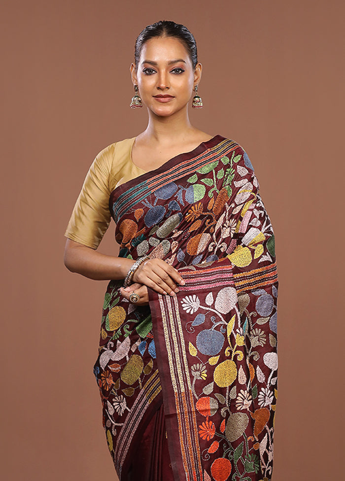 Maroon Handloom Kantha Stitch Pure Silk Saree With Blouse Piece