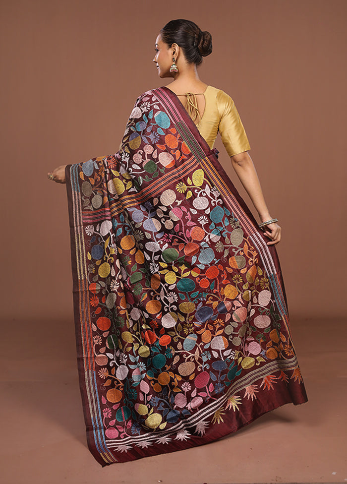 Maroon Handloom Kantha Stitch Pure Silk Saree With Blouse Piece