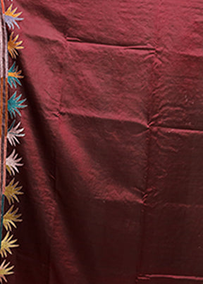 Maroon Handloom Kantha Stitch Pure Silk Saree With Blouse Piece