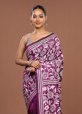 Purple Handloom Kantha Stitch Pure Silk Saree With Blouse Piece