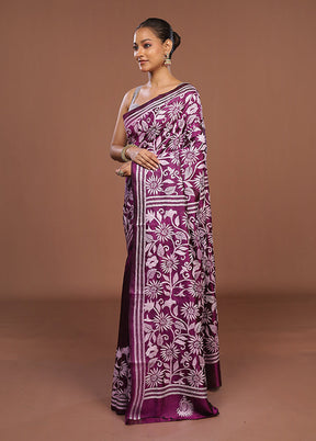 Purple Handloom Kantha Stitch Pure Silk Saree With Blouse Piece