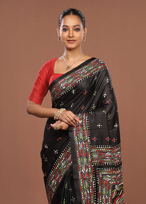 Black Handloom Kantha Stitch Pure Silk Saree With Blouse Piece