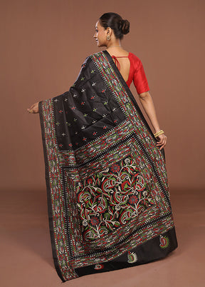 Black Handloom Kantha Stitch Pure Silk Saree With Blouse Piece