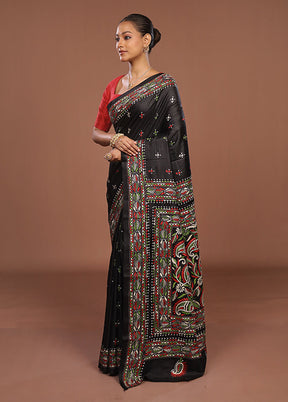 Black Handloom Kantha Stitch Pure Silk Saree With Blouse Piece
