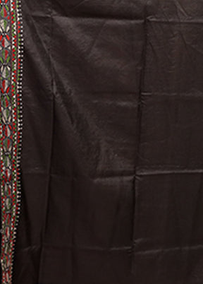 Black Handloom Kantha Stitch Pure Silk Saree With Blouse Piece