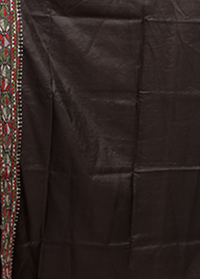 Black Handloom Kantha Stitch Pure Silk Saree With Blouse Piece