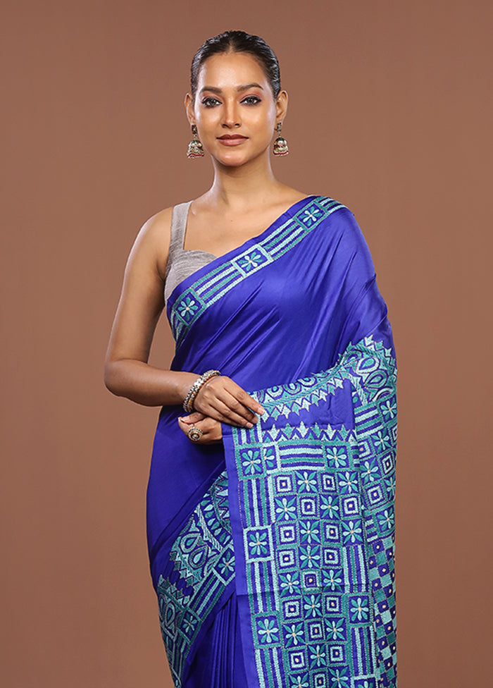 Blue Handloom Kantha Stitch Pure Silk Saree With Blouse Piece
