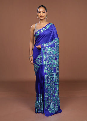 Blue Handloom Kantha Stitch Pure Silk Saree With Blouse Piece