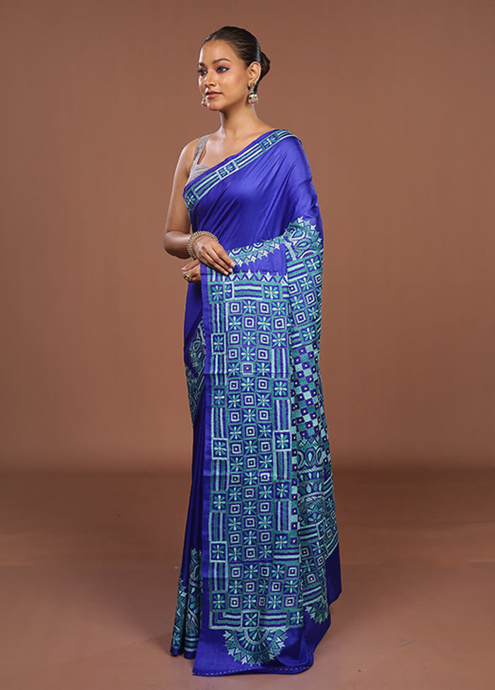 Blue Handloom Kantha Stitch Pure Silk Saree With Blouse Piece