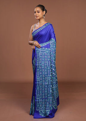 Blue Handloom Kantha Stitch Pure Silk Saree With Blouse Piece