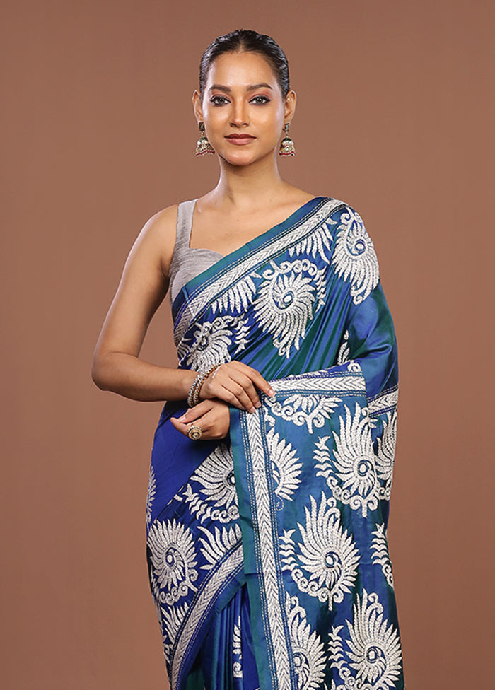 Blue Handloom Kantha Stitch Pure Silk Saree With Blouse Piece