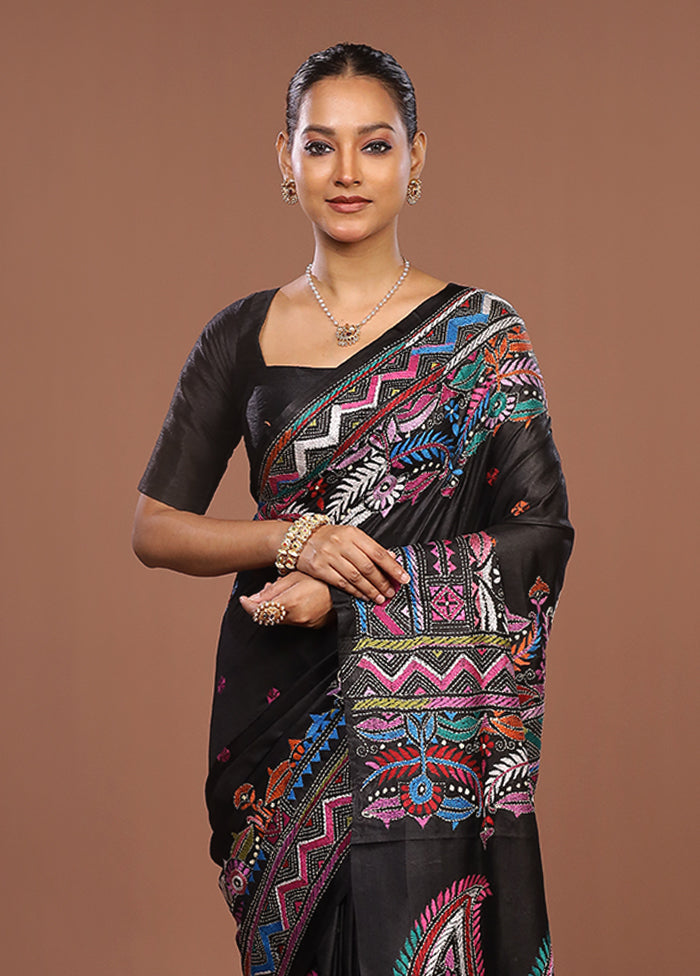 Black Handloom Kantha Stitch Pure Silk Saree With Blouse Piece