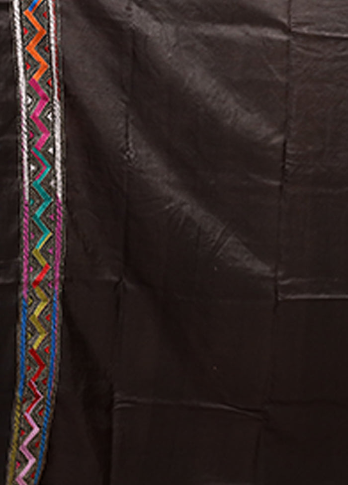 Black Handloom Kantha Stitch Pure Silk Saree With Blouse Piece