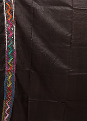 Black Handloom Kantha Stitch Pure Silk Saree With Blouse Piece