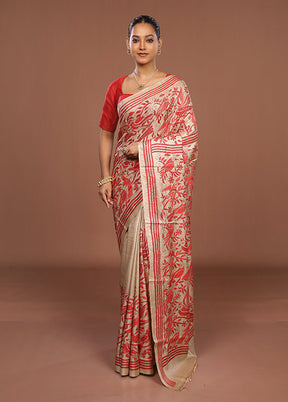 Cream Handloom Kantha Stitch Pure Silk Saree With Blouse Piece