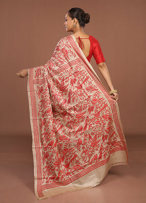 Cream Handloom Kantha Stitch Pure Silk Saree With Blouse Piece