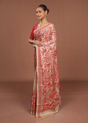 Cream Handloom Kantha Stitch Pure Silk Saree With Blouse Piece