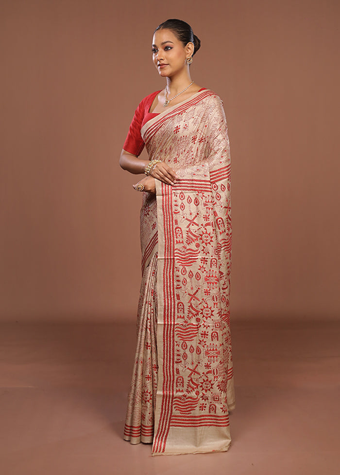 Cream Handloom Kantha Stitch Pure Silk Saree With Blouse Piece