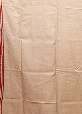 Cream Handloom Kantha Stitch Pure Silk Saree With Blouse Piece