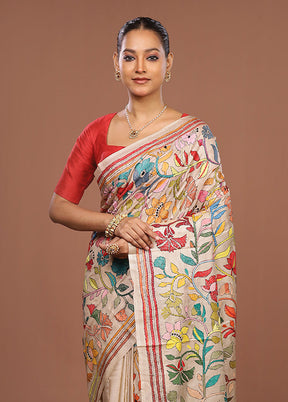 Cream Handloom Kantha Stitch Pure Silk Saree With Blouse Piece