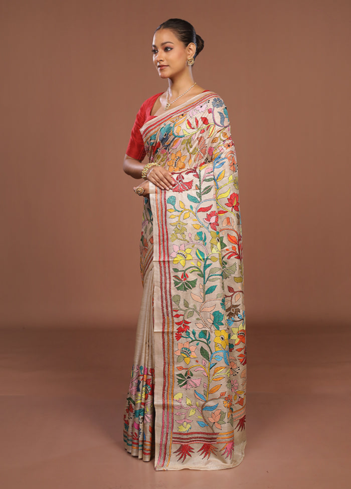 Cream Handloom Kantha Stitch Pure Silk Saree With Blouse Piece