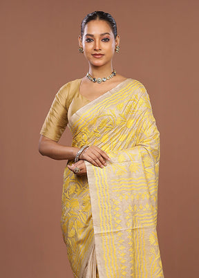 Cream Handloom Kantha Stitch Pure Silk Saree With Blouse Piece