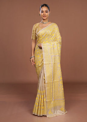 Cream Handloom Kantha Stitch Pure Silk Saree With Blouse Piece