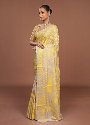 Cream Handloom Kantha Stitch Pure Silk Saree With Blouse Piece