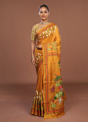 Yellow Handloom Kantha Stitch Pure Silk Saree With Blouse Piece