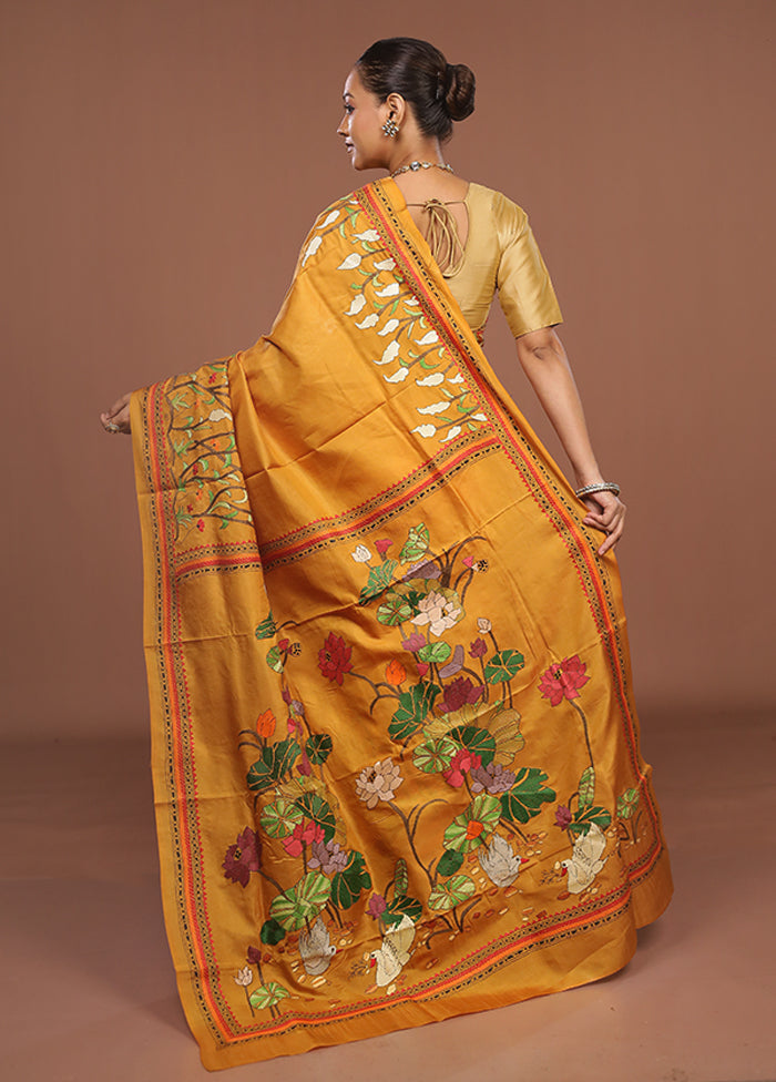 Yellow Handloom Kantha Stitch Pure Silk Saree With Blouse Piece
