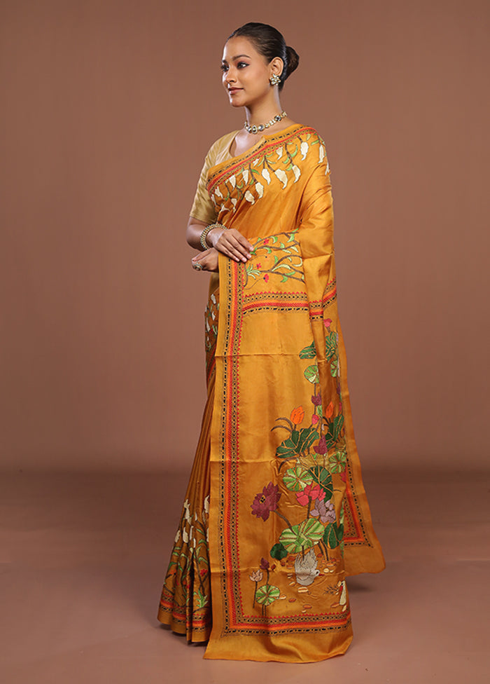 Yellow Handloom Kantha Stitch Pure Silk Saree With Blouse Piece