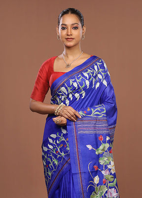 Blue Handloom Kantha Stitch Pure Silk Saree With Blouse Piece