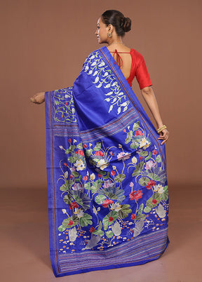 Blue Handloom Kantha Stitch Pure Silk Saree With Blouse Piece