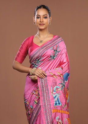 Pink Handloom Kantha Stitch Pure Silk Saree With Blouse Piece